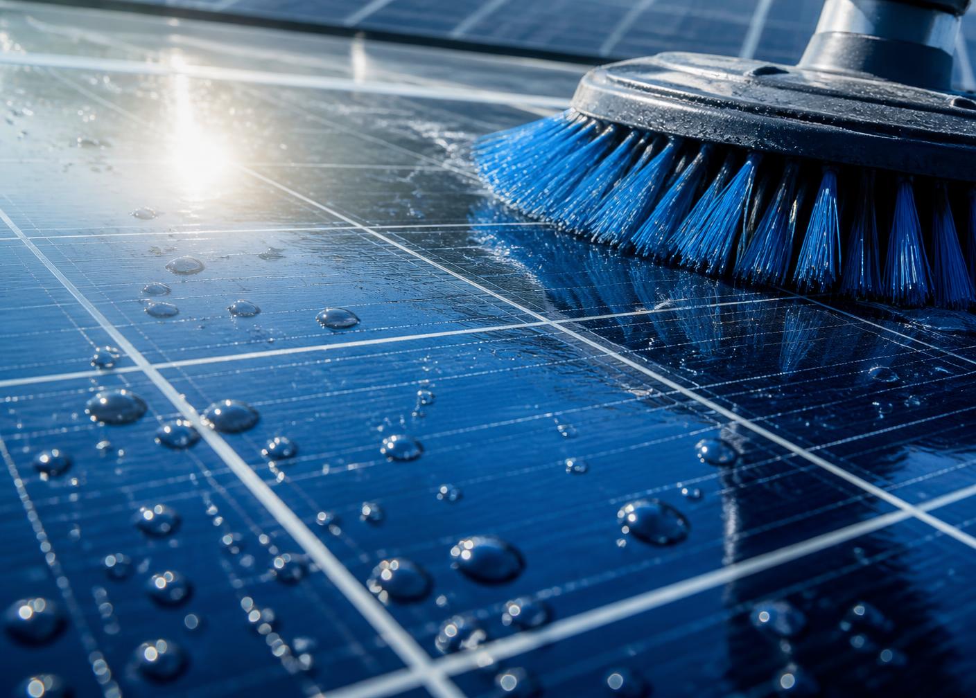 Rotierende Spezialbürste reinigt ein glänzendes blaues Photovoltaik-Modul mit Osmosewasser