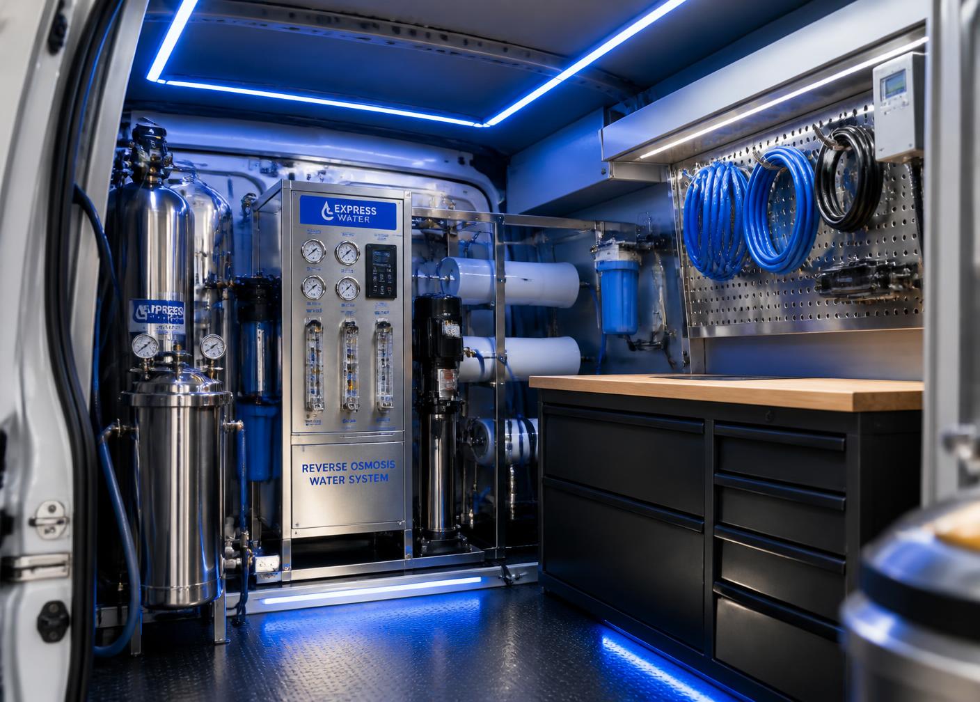 Mobile Wasseraufbereitungsanlage mit Umkehrosmose-Modul im Servicefahrzeug
