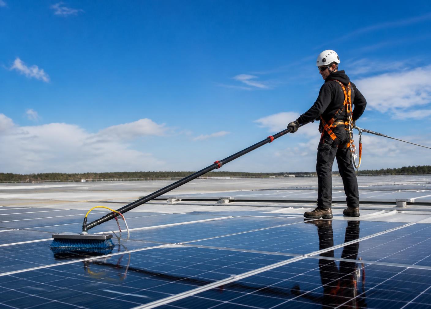 Techniker mit Absturzsicherung reinigt Photovoltaik-Module auf einem Industriedach mit Teleskopstange