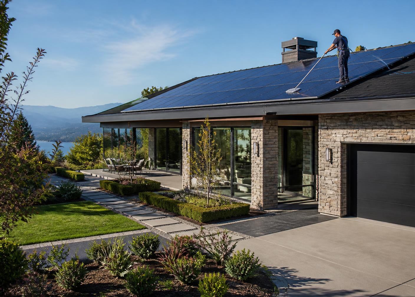 Premium-Villa mit großer Photovoltaik-Dachanlage während der schonenden Reinigung